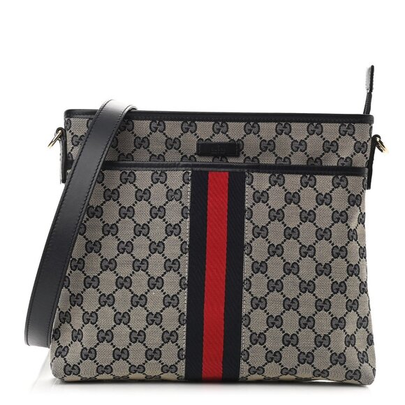 Authentic Gucci GG Supreme Ophidia Sherry Line Crossbody Bag Web Canvas Navy Tan